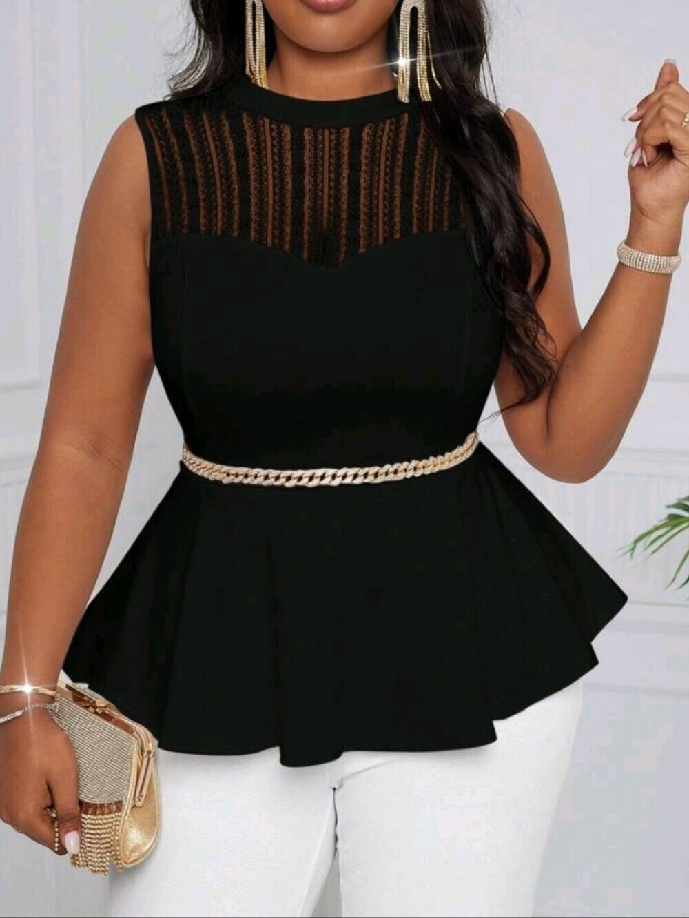 Elegant Black Peplum Lace-Insert Sleeveless Top PLUS SIZE 18/3XL